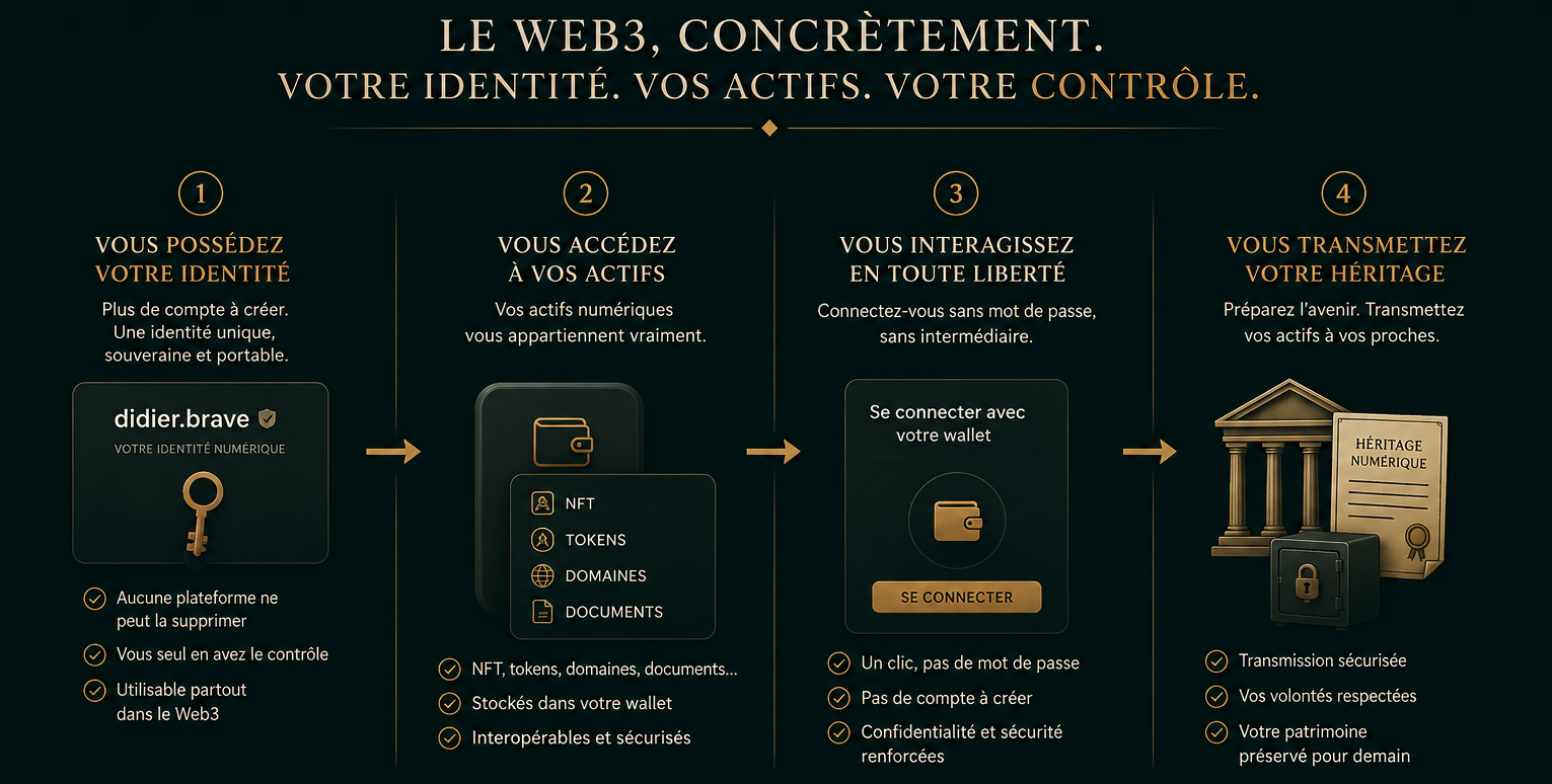 Le Web3 concrètement : 1. vous possédez votre identité, 2. vous accédez à vos actifs, 3. vous interagissez en toute liberté, 4. vous transmettez votre héritage